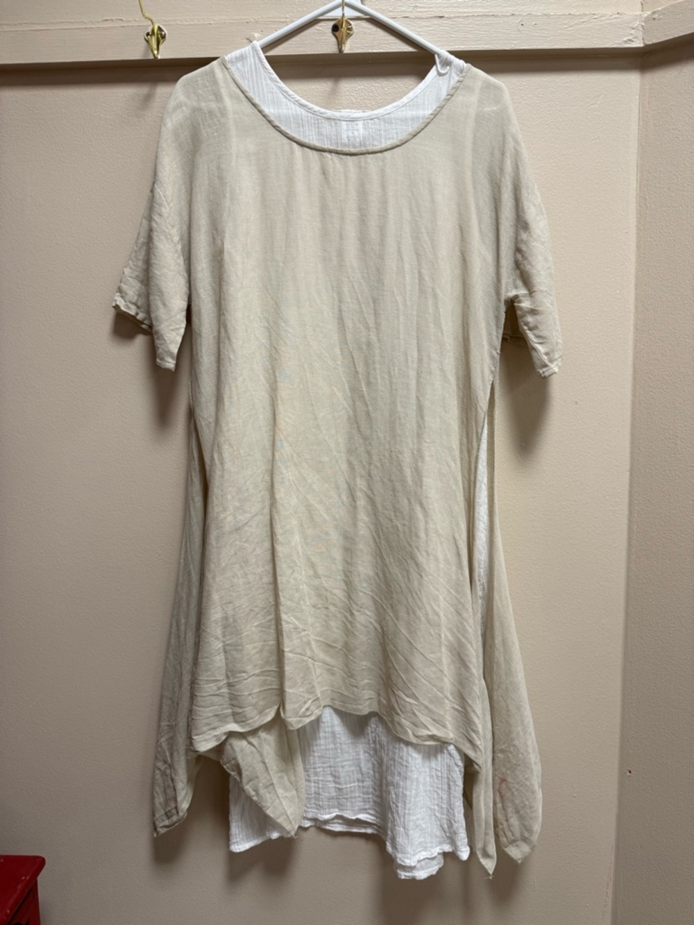 Vasana Linen Blend 2-Piece Layered Tunic Top / Dress Boho Neutral White & Tan M